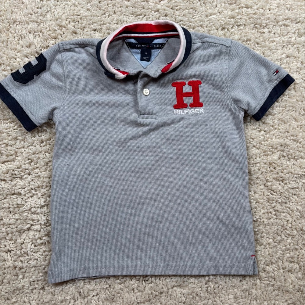 Tommy Hilfiger‎ Polo Shirt Kids 3T Grey Excellent Short Sleeve H Logo AB2533